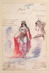 Figurinos para o papel de Phrine na ópera &39;Faust&39;, de Charles Gounod (1818-1893) 1882 (guache e caneta sobre papel)